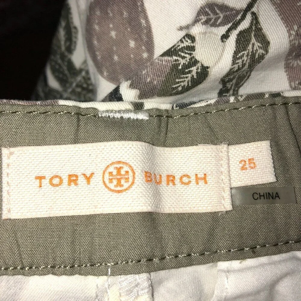 Tory Burch Size 25 White Beige Leaves Stretch Pockets Flat Front Chino Pants